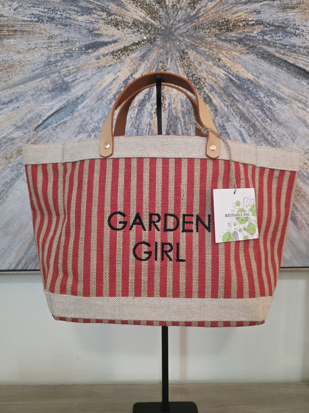 Red Striped Tote Bag with Leather Handles